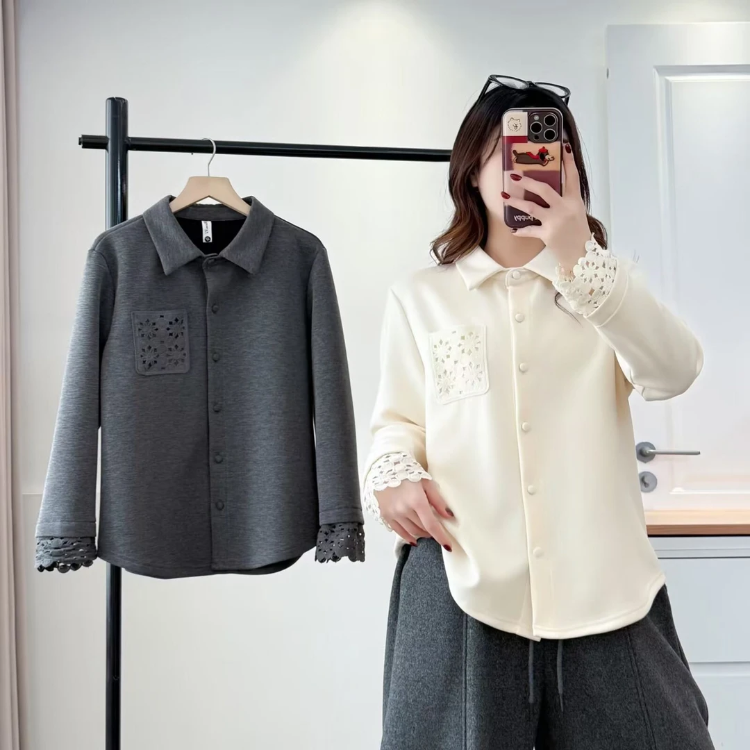 大码胖mm秋冬设计感镂空钩花袖开衫女加绒加厚POLO领衬衫外套2523