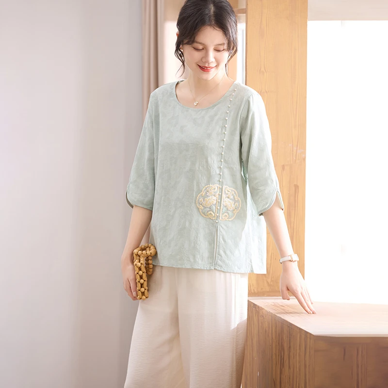 喜卉妈妈夏装洋气中袖T恤小衫气质国风中老年女装母亲节绣花上衣
