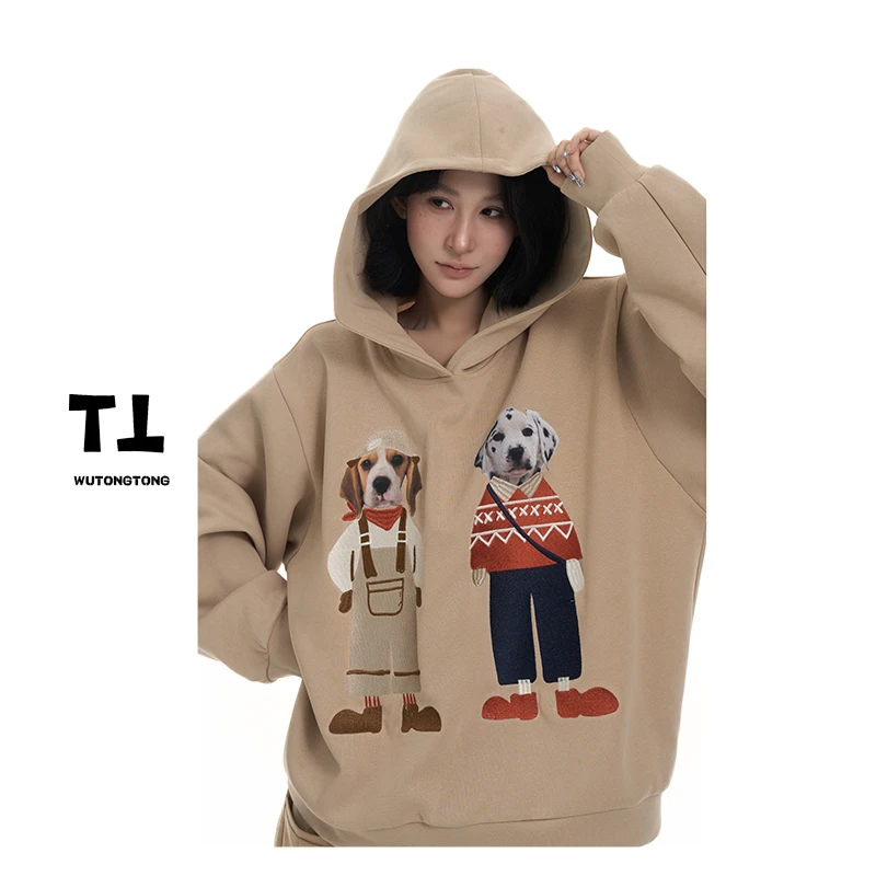 现货【暖暖小狗】早秋卡通连帽长袖套头卫衣女韩版宽松上衣62553