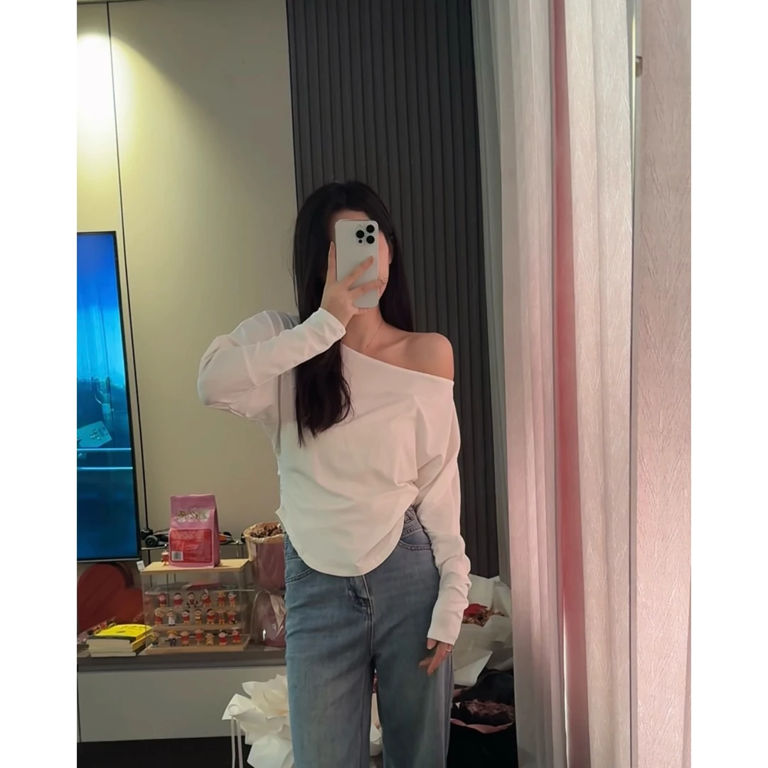 【DAMAI】蝙蝠袖斜肩一字肩褶皱堆堆袖上衣