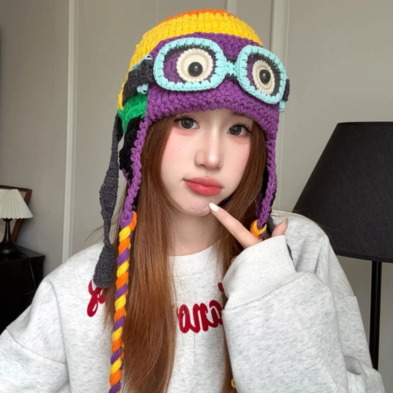 2025新款可爱针织帽子女保暖针织毛线帽骑车护耳飞行帽学生冷帽