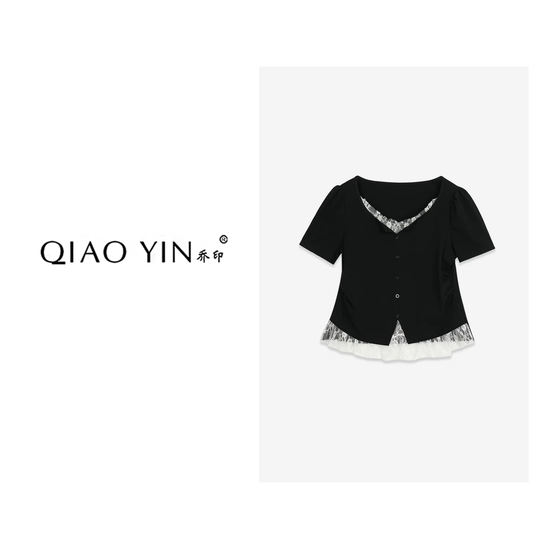 QIAO YIN"小衫“小香风气质短款时尚夏季黑色QY27598