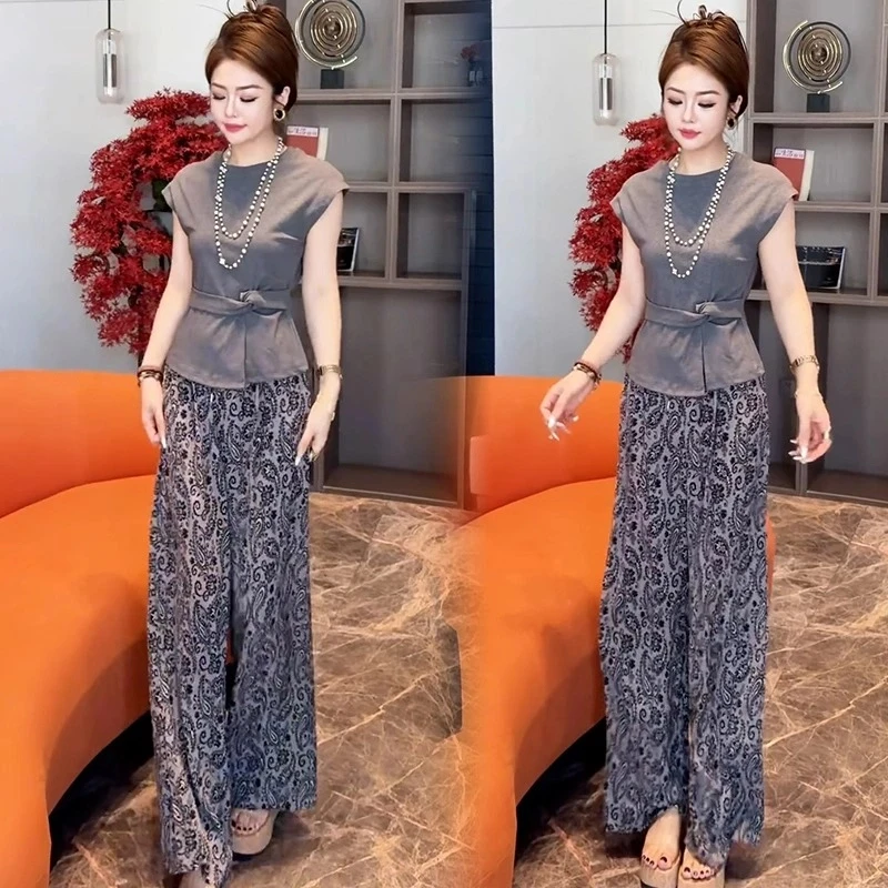 时尚套装女2025夏季新款洋气设计感短袖T恤高腰提花阔腿裤两件套