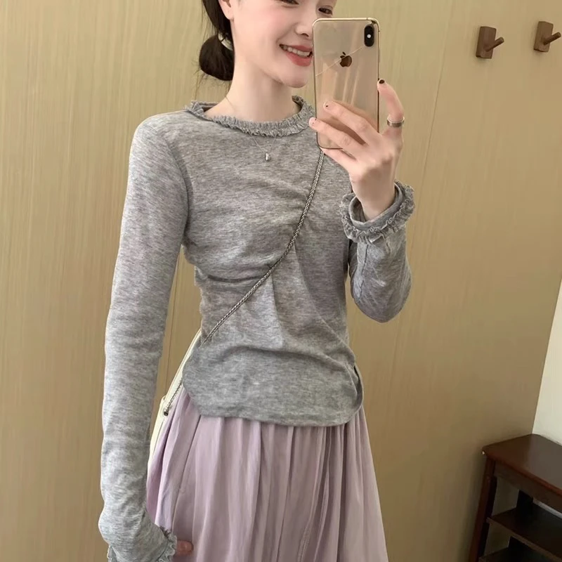 设计感百搭木耳边面膜衣女2025春季新款显瘦长袖圆领打底衫上衣