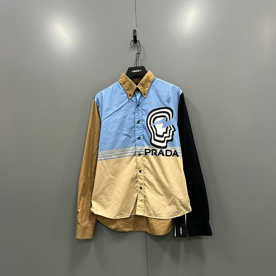 95新 Prada/普拉达 （ll） 拼色印花logo长袖衬衫 L码