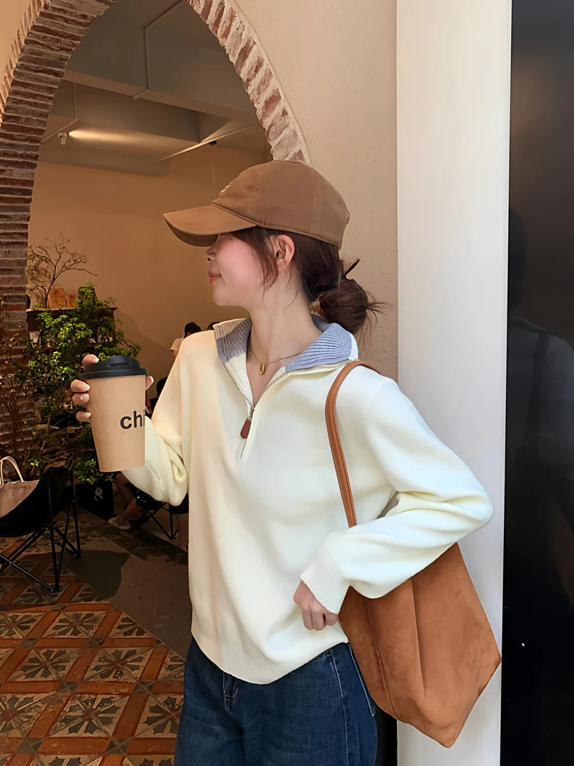 秋冬高级感加厚半拉链翻领毛衣女冬季韩系穿搭宽松慵懒风软糯上衣