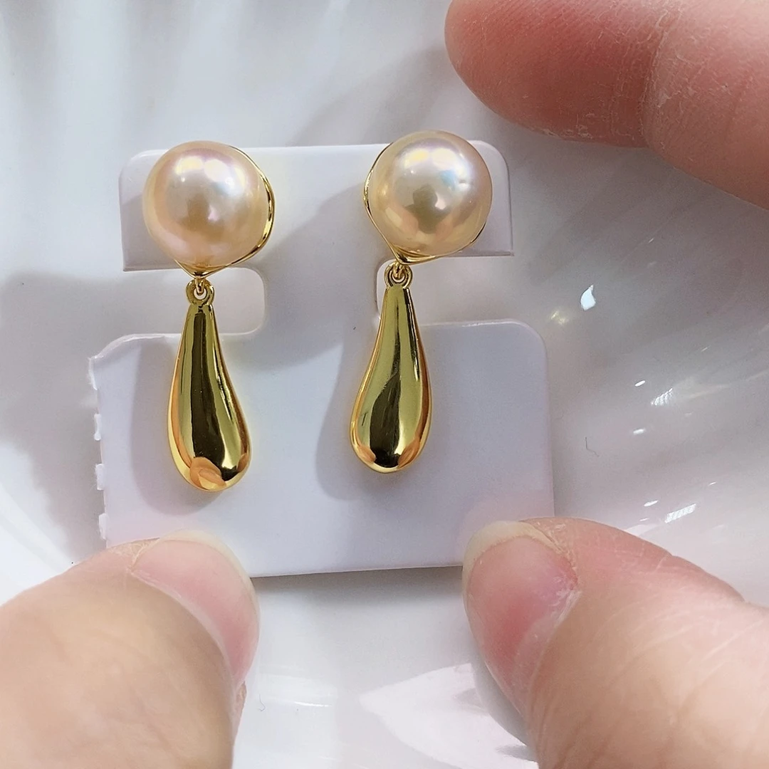 银S925镶嵌特价天然橙色炫彩耳饰淡水珍珠