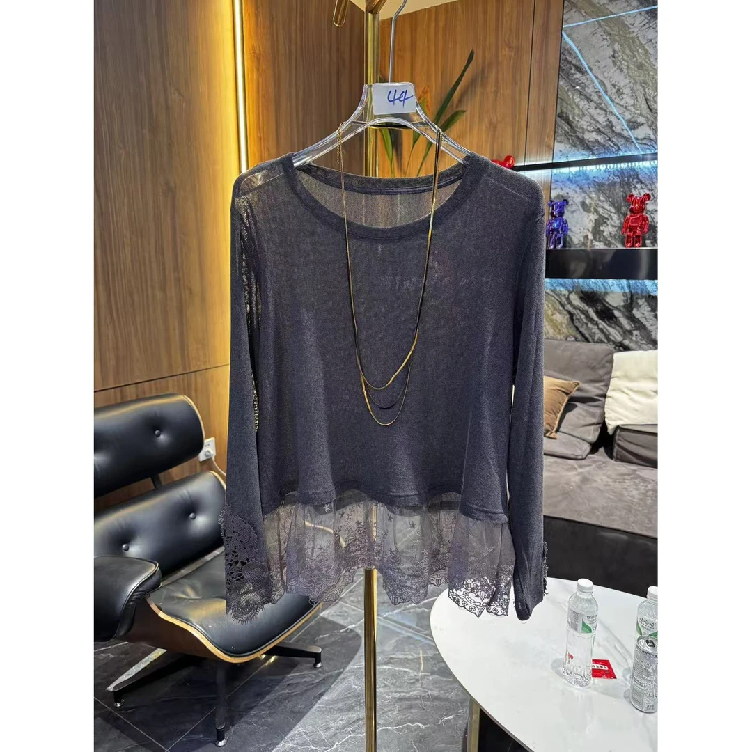 顺子专属大码高弹蕾丝拼接显瘦高级百搭上衣T恤小衫3673