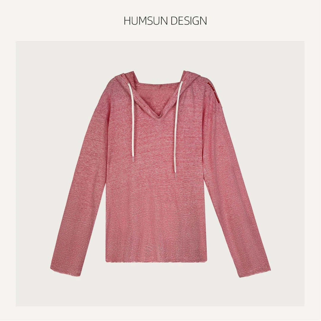 HUMSUN/禾木笙「慢调麻韵」色织麻棉条纹间色轻薄廓形连帽T恤 5A502