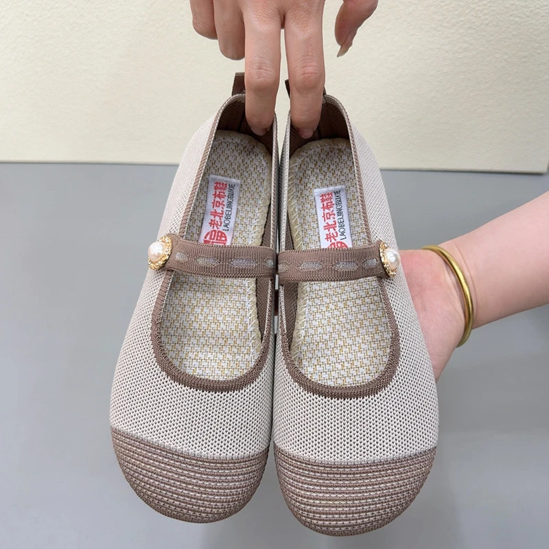 老北京布鞋女夏季时尚飞织透气豆豆鞋平底浅口单鞋软底舒适妈妈鞋