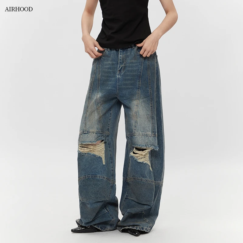 AIRHOOD 做旧脏染废土风破洞阔腿牛仔裤男女拼接设计垂感情侣1595