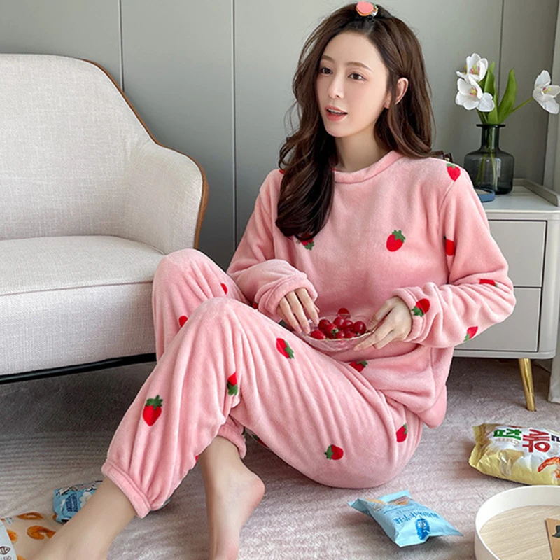 草莓睡衣女秋冬加绒加厚珊瑚绒保暖套装学生束脚懒人暖暖家居服