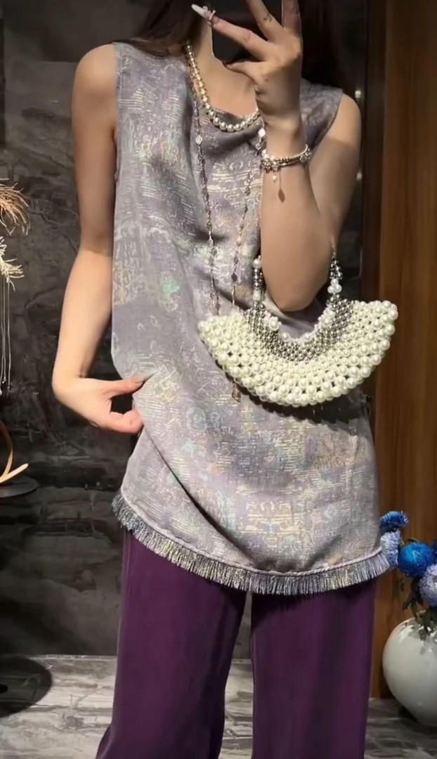 高货！亚麻天丝！S胸98长74亮线混织百搭宽印花圆领马夹 1387