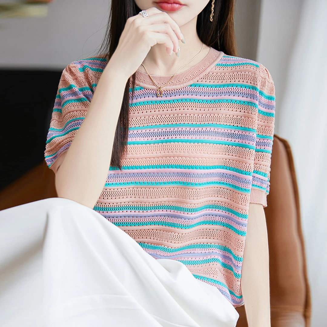 大码女装夏装微胖mm冰丝针织衫女士短袖t恤遮肚子巨显瘦镂空上衣