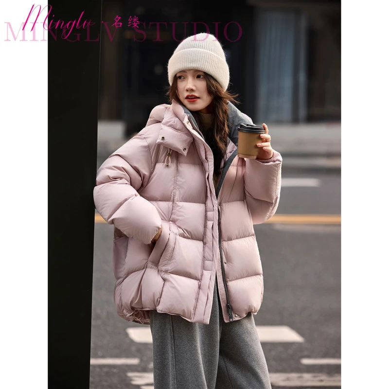 名缕轻奢品牌时尚通勤休闲绒连帽羽绒服女2025年新品百搭羽绒服