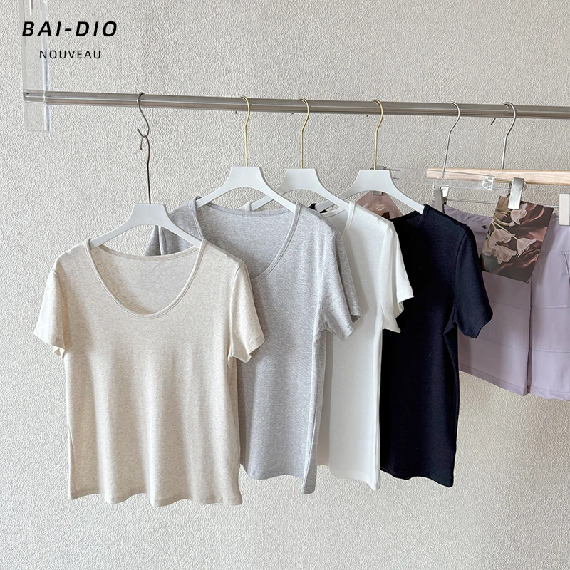 百搭U领丝麻正肩短袖T恤女装夏季新款弹力显瘦宽松纯色上衣女