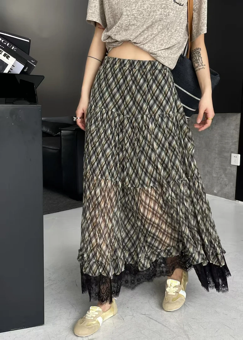 VMAO#8290夏季福利雪纺拼接蕾丝菱格半身长裙，裙长：90cm