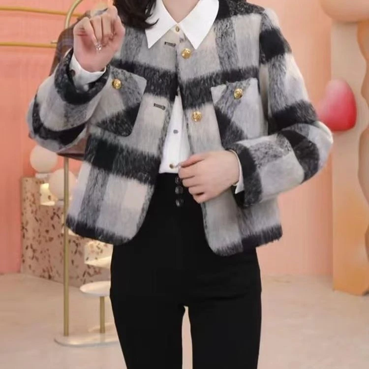 韩系复古条纹格毛呢外套2025时尚百搭好看秋冬小香风百搭宽松夹克