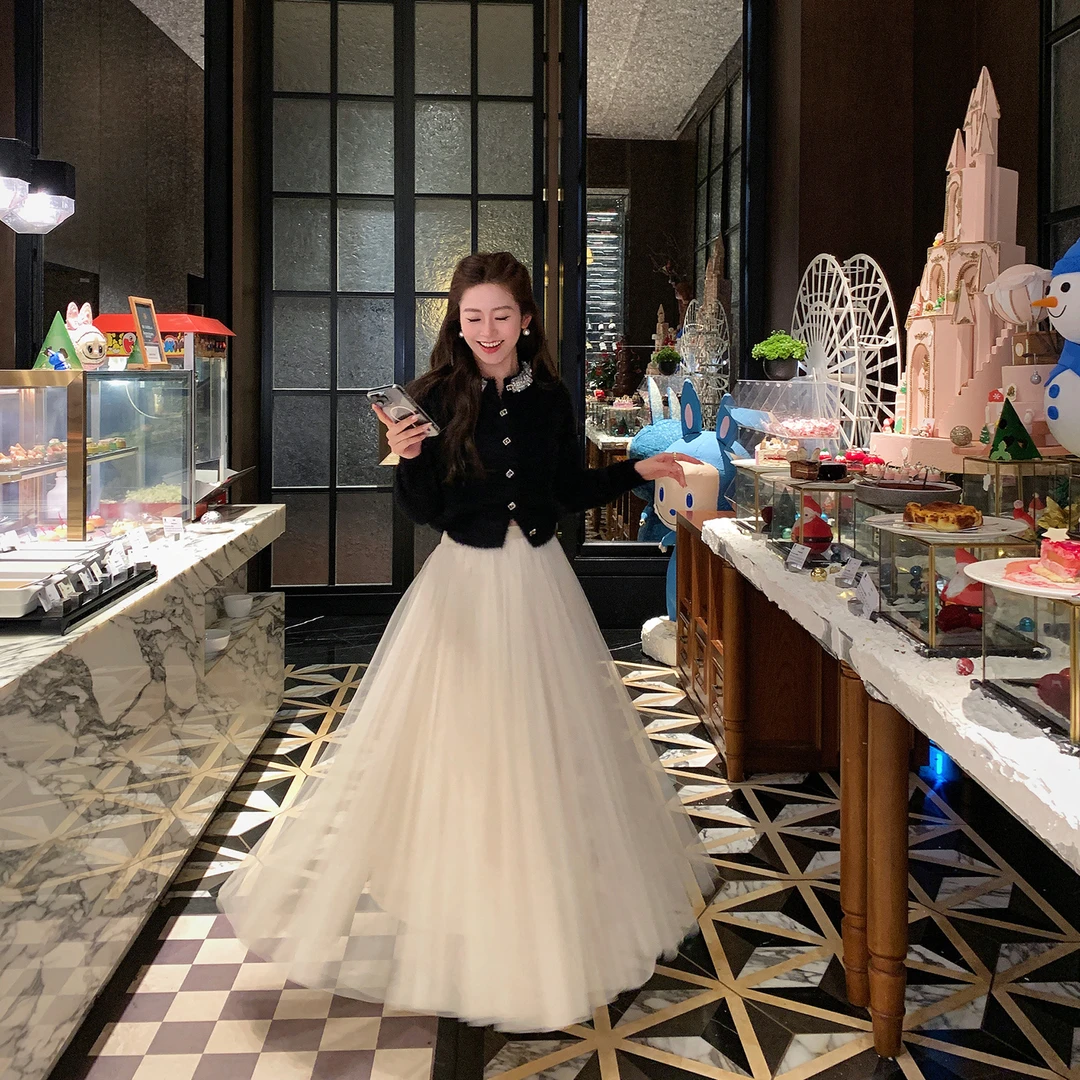 果果家   巨好看秋冬季网纱裙半身裙百褶时尚百搭长款长裙女