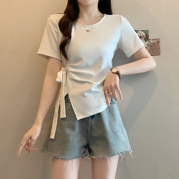 棉大码2025夏季新款开叉辣妹短袖T恤女装胖MM显瘦绑绳蝴蝶结上衣
