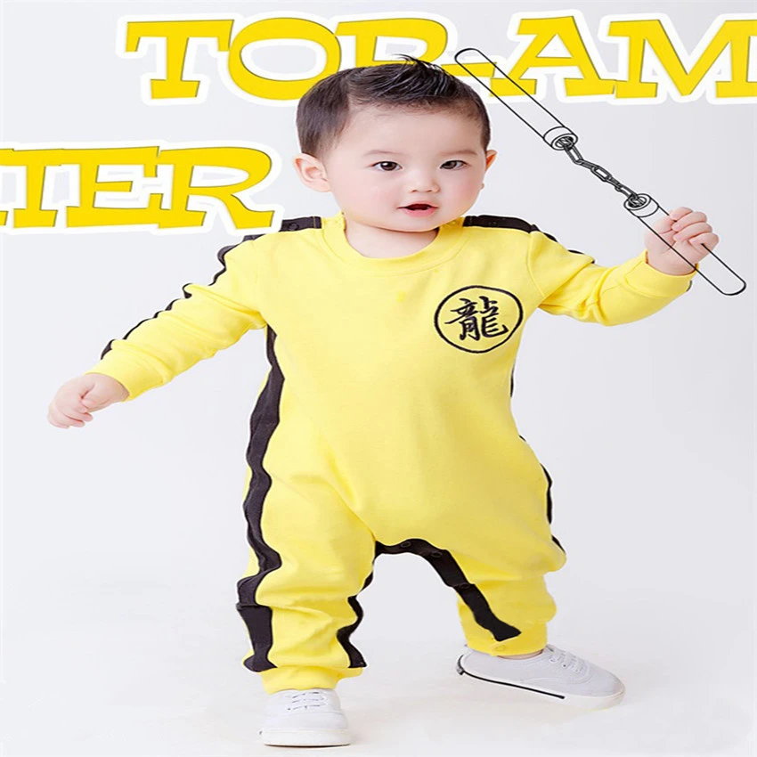 舞台演出黄色李小龙连体衣服紧身弹力运动衣服儿童成人功夫练功服