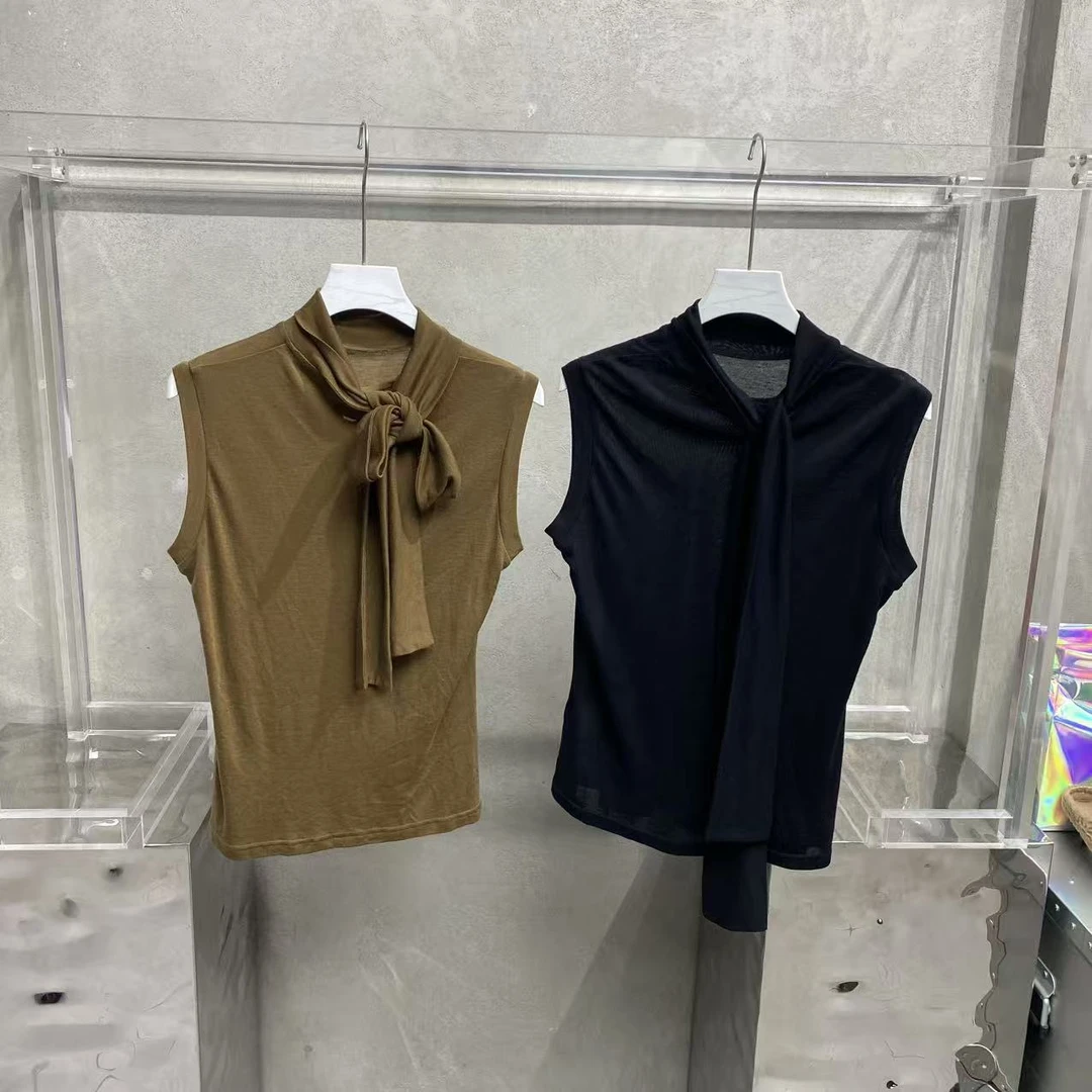 【WRZS】热销爆款 气质立领系带无袖弹力修身 T恤