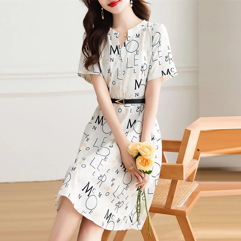 高端连衣裙夏季2025新款小个子时尚气质收腰显瘦洋气印花雪纺裙子