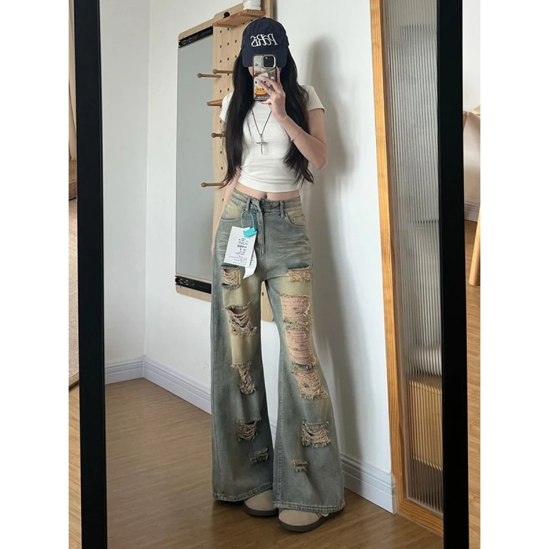 美式炸街痞帅潮酷破洞牛仔裤女2025夏季薄款显瘦辣妹百搭阔腿裤子
