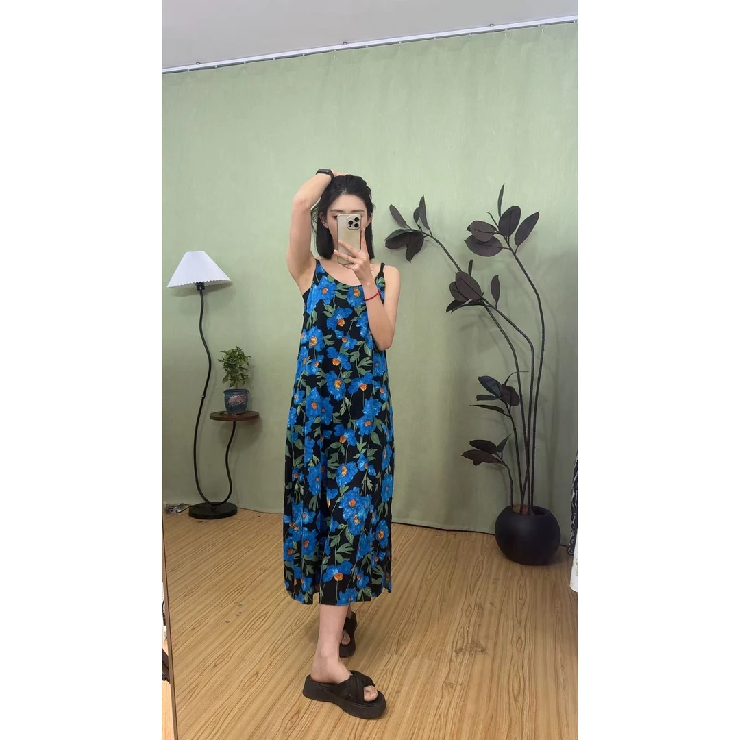 【蓝色花海】调节肩带开叉高级感吊带裙夏季女沙滩裙碎花连衣裙时尚