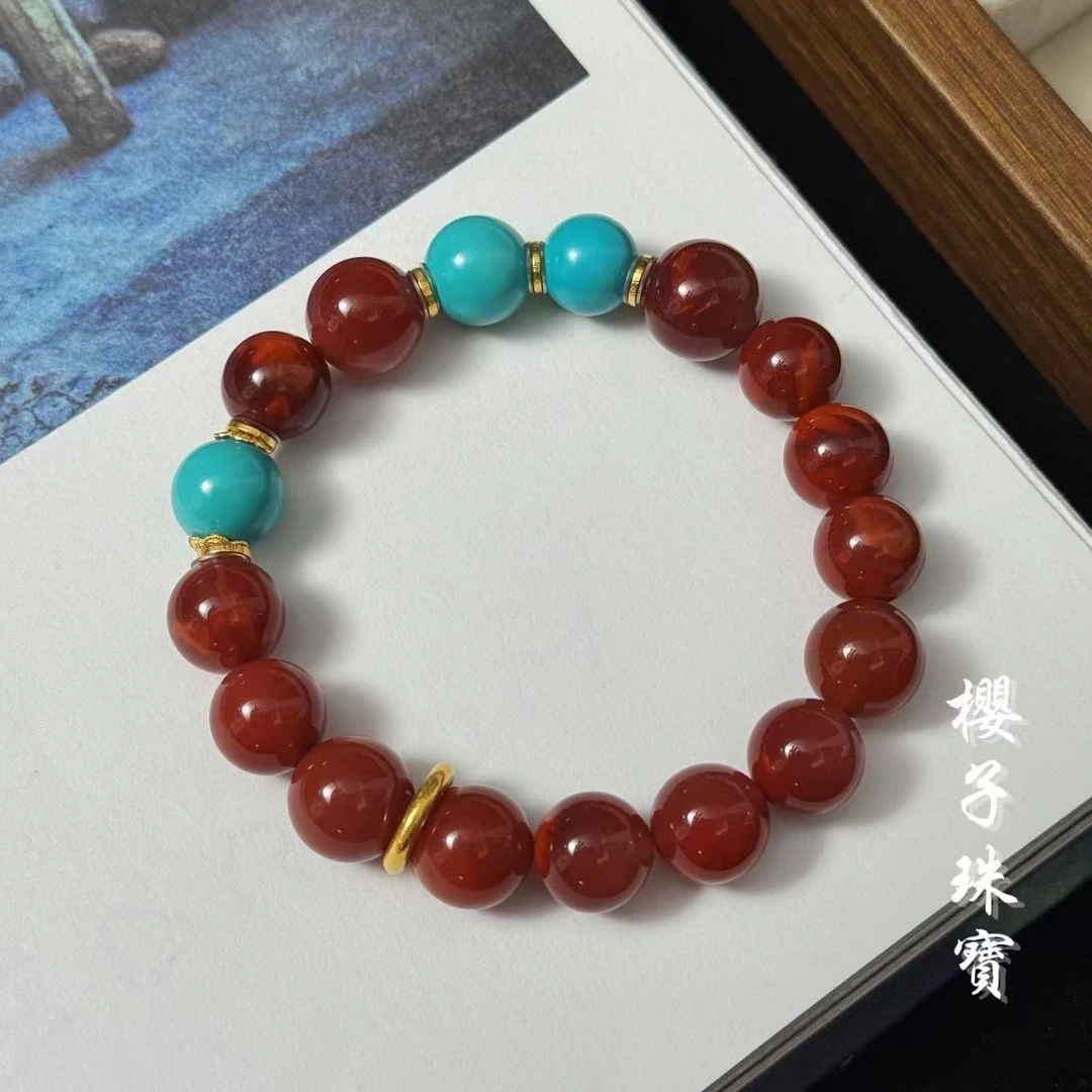 樱子 | 铃梦 18K金原矿绿松牛血南红珠时尚设计百搭手串*YZNS3033