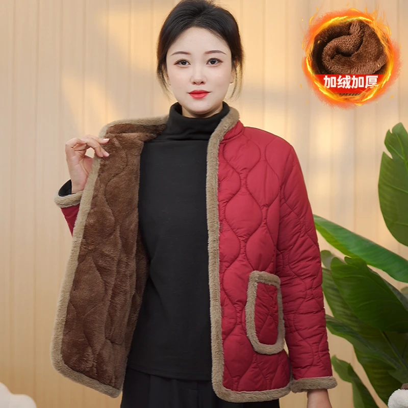 新款妈妈秋冬加绒小棉袄时尚中老年休闲棉服加厚外套保暖立领上衣
