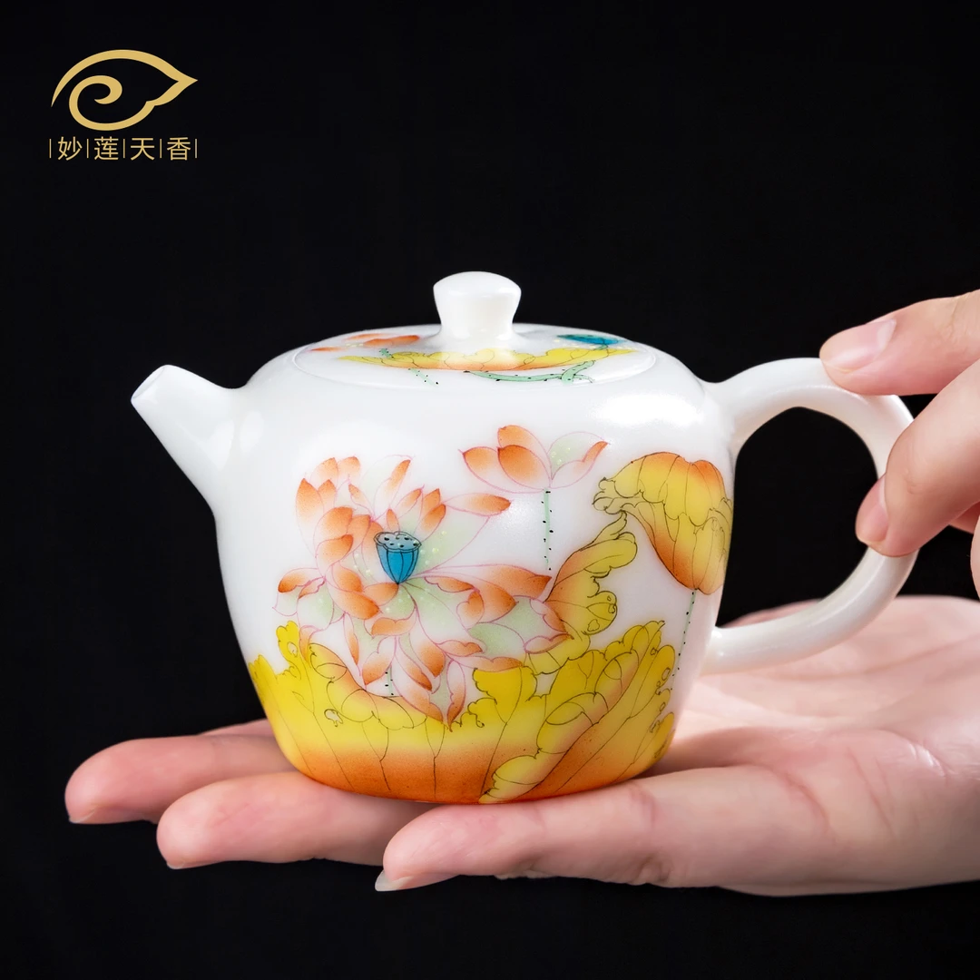 妙莲天香高档手绘《半池秋》茶壶泡茶家用高档陶瓷茶具单壶手抓壶