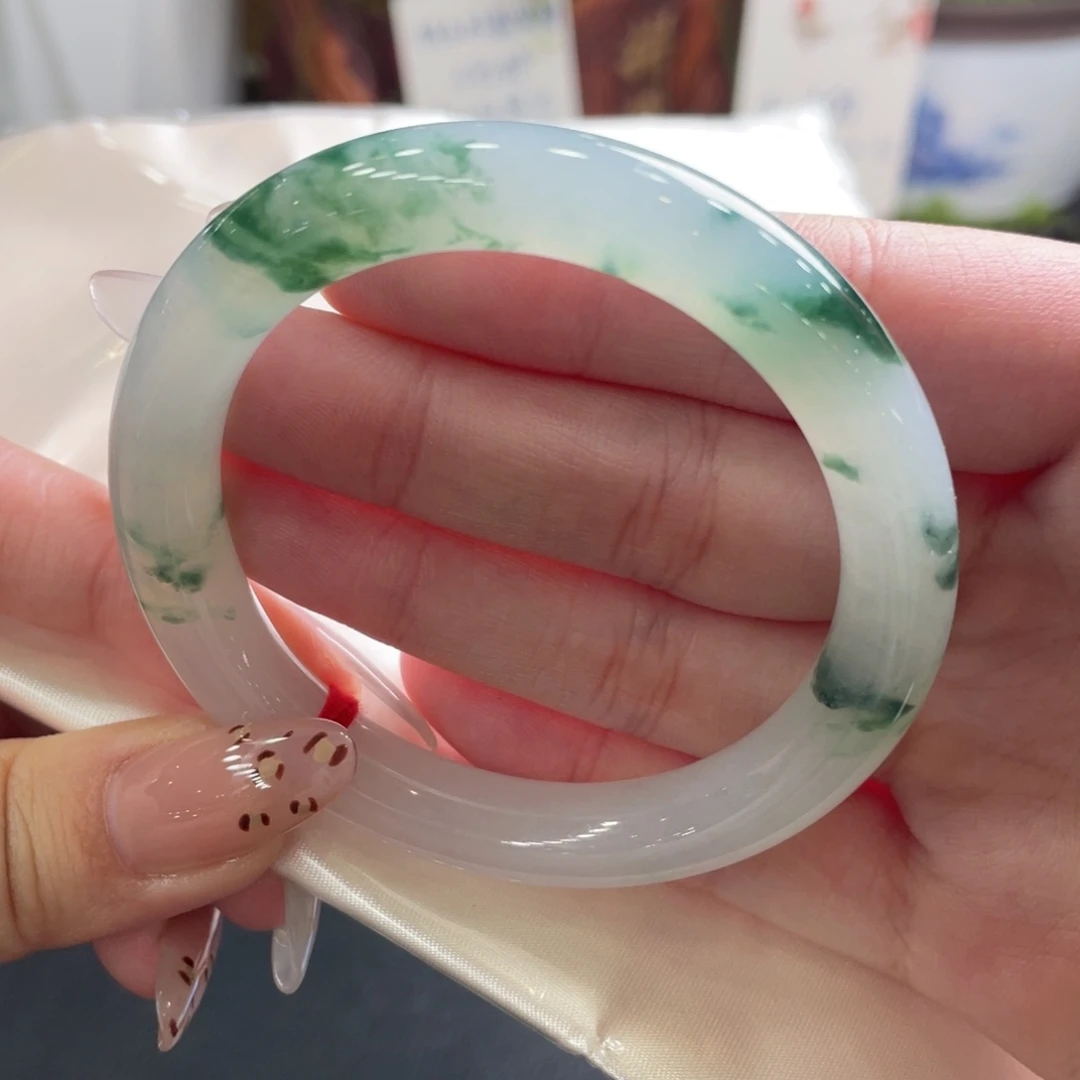 翡翠未镶嵌手镯52.6圆 起荧光冰胶半山水冰飘花 22号