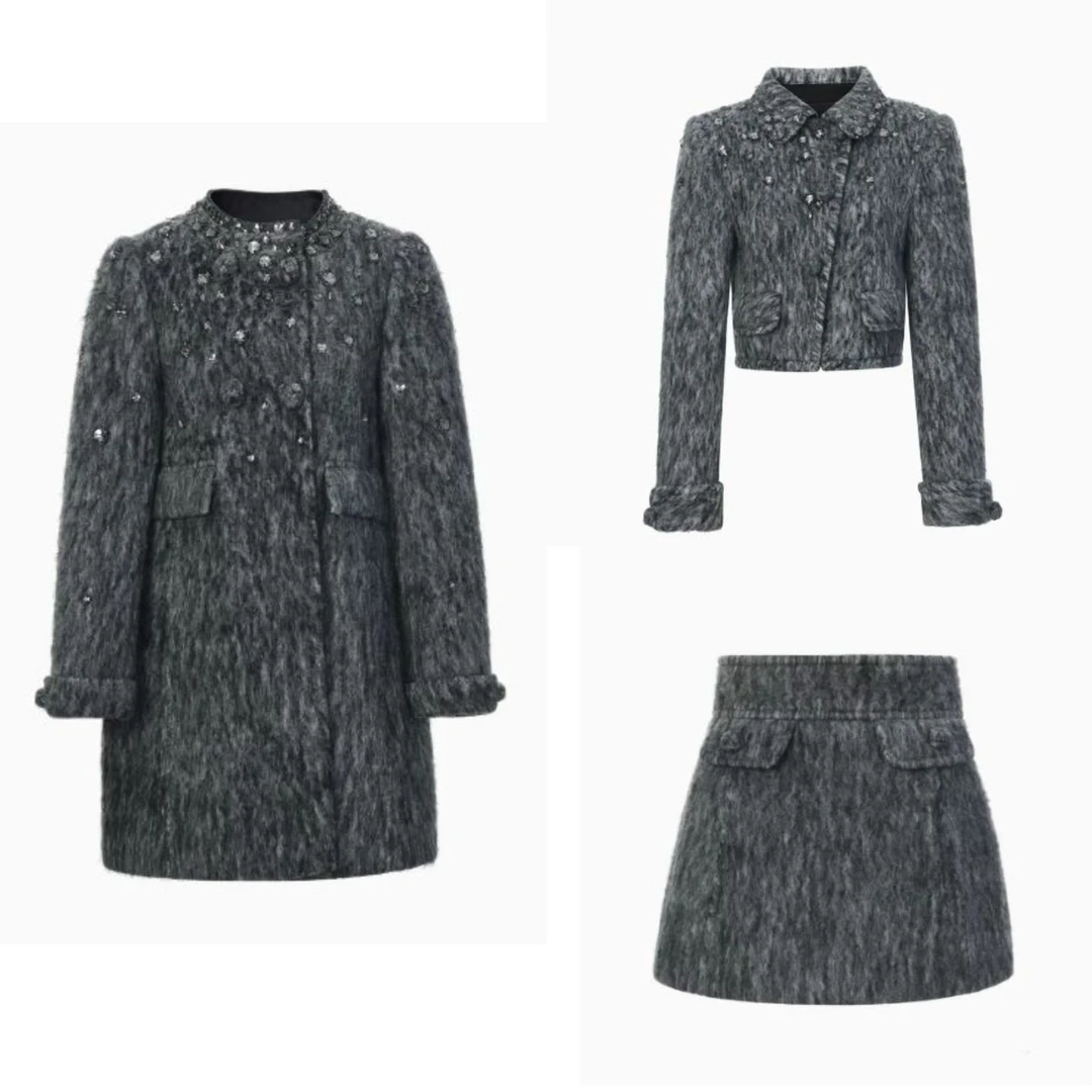 no退no换冬季经典格雷MIU系钉珠小香风2025半身裙套装