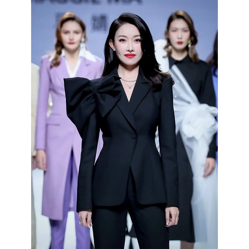 马婧同款黑色设计师款蝴蝶结气质春秋季修身商务女士宴会西装990C