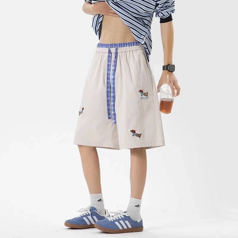 腊肠狗刺绣短裤男女夏季潮牌痞帅休闲五分裤运动美式速干直筒中裤