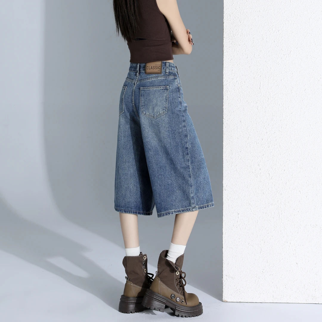 美式复古高腰阔腿牛仔七分裤女夏季新款2025宽松显瘦水洗直筒裤子