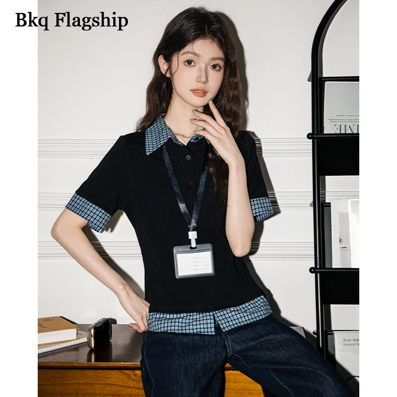 Polo领假两件短袖T恤女2025春夏新款设计感修身小个子打底衫上衣