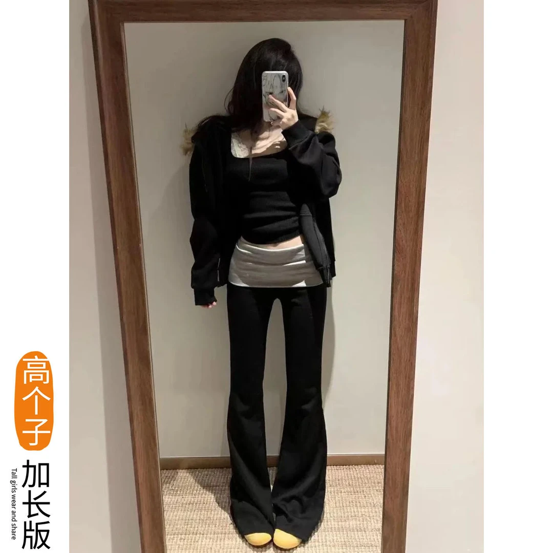 175高个子加长美式黑色翻面休闲云朵裤女夏季高街辣妹显瘦瑜伽裤