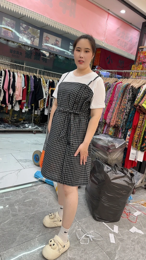 假两件拼接格子连衣裙（送腰带）