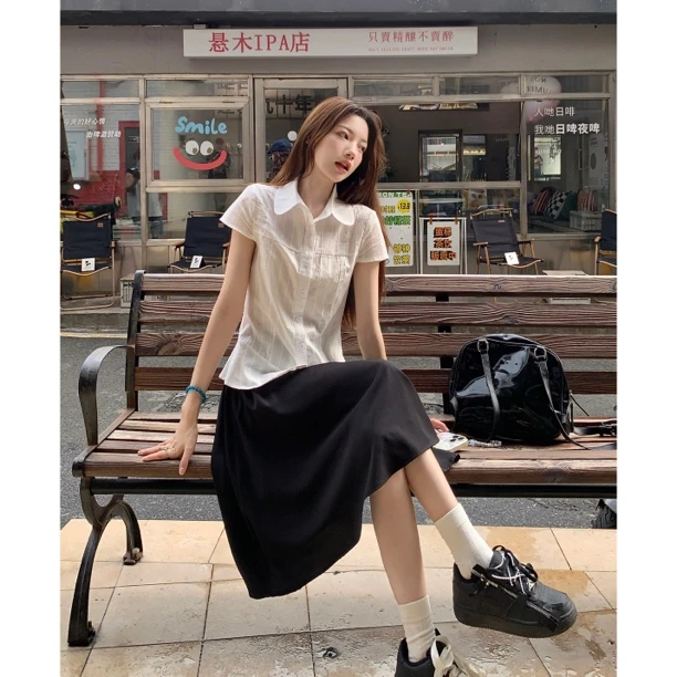 夏季韩系穿搭一整套女2025新款简约百搭Polo领上衣半身裙两件套装