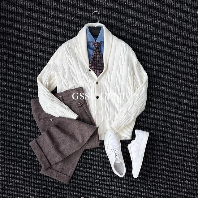 高定秋冬绅士优雅青果领麻花厚款针织开衫男士复古重磅毛衣外套