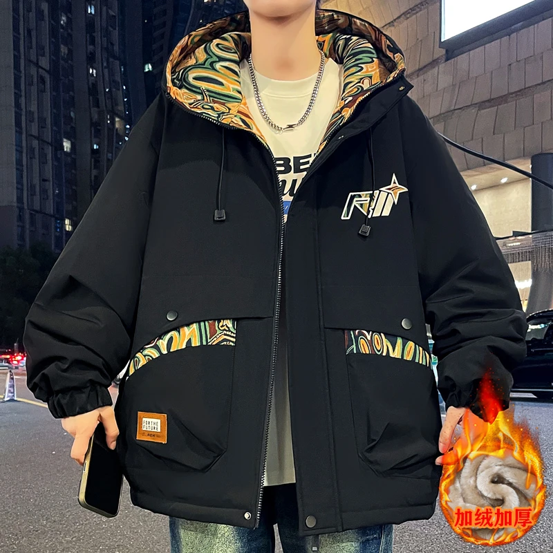 潮牌拼接外套男春秋款连帽夹克男港风上衣青少年休闲宽松工装褂子