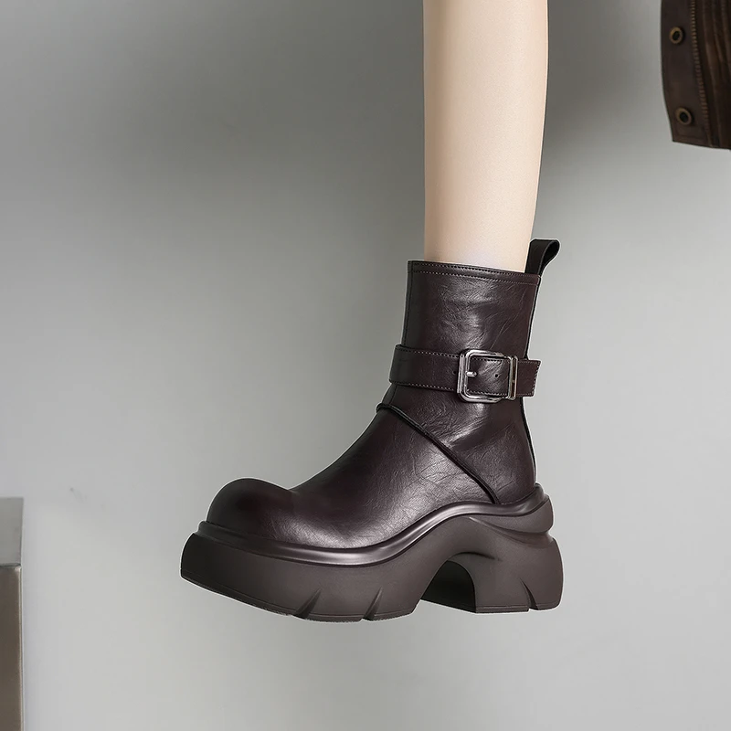 7CM厚底增高侧拉链马丁靴学院风时尚百搭圆头粗跟显瘦气质小短靴