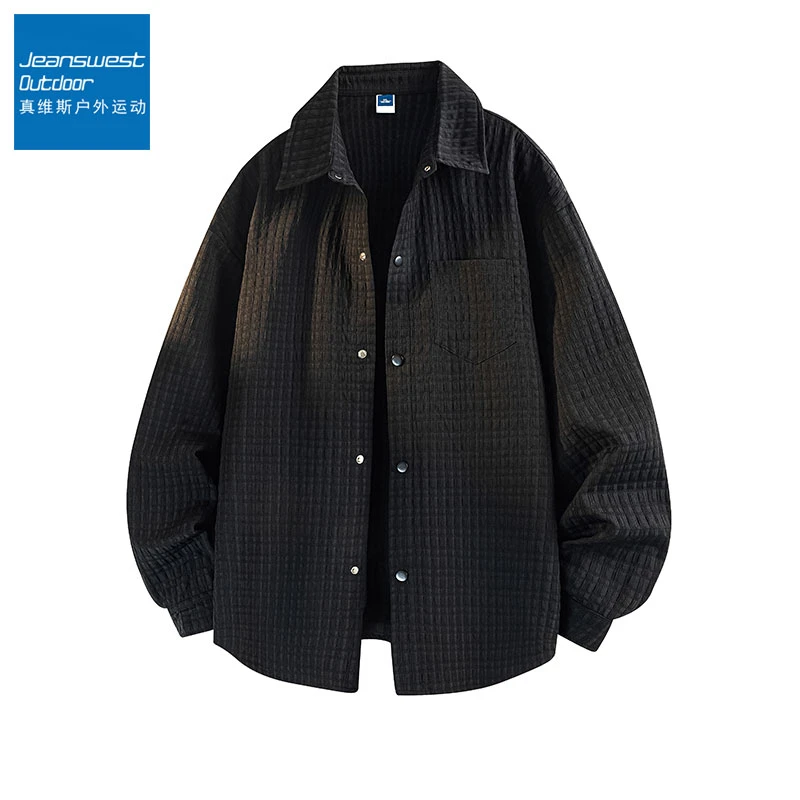 真维斯户外运动秋季美式复古长袖衬衫男士百搭衬衣帅气泡泡格外套
