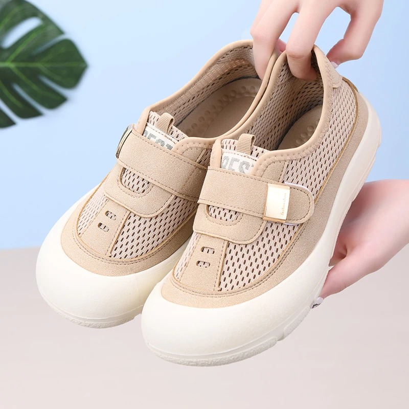 夏季网红爆款2025厚底增高乐福鞋透气休闲一脚蹬网鞋中老年妈妈鞋