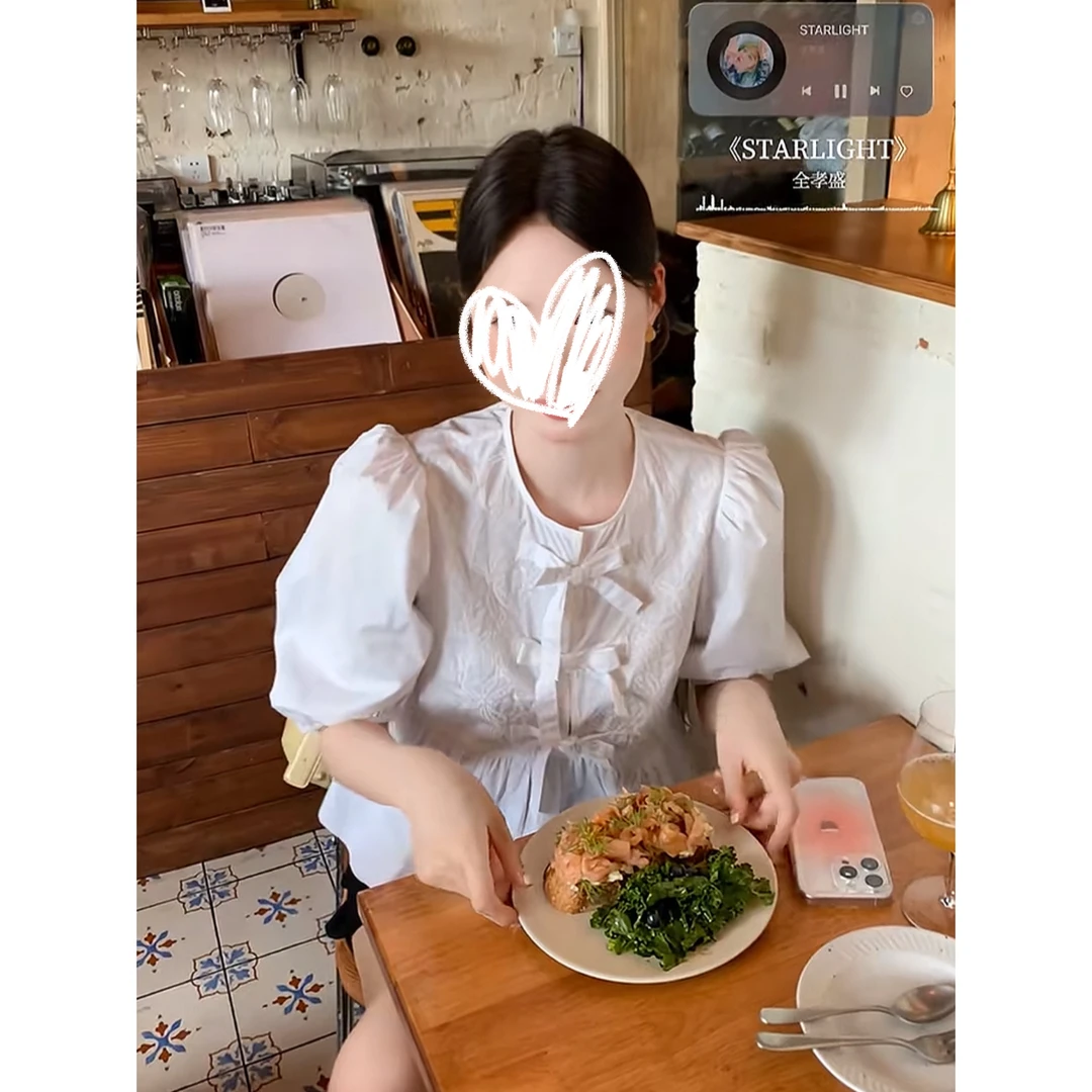 大花【初夏巴洛克 white】重工刺绣蝴蝶结泡泡袖上衣