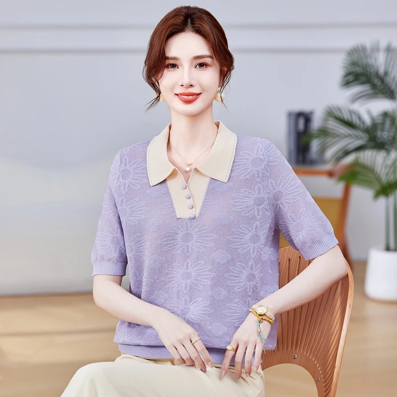 妈妈装中老年夏季翻领新针织衫短袖时尚丝滑纯色毛衫透气简约上衣