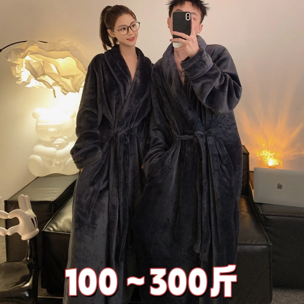 秋冬季珊瑚绒加绒加厚情侣加肥加大码睡袍男士女长款洗澡浴袍睡衣