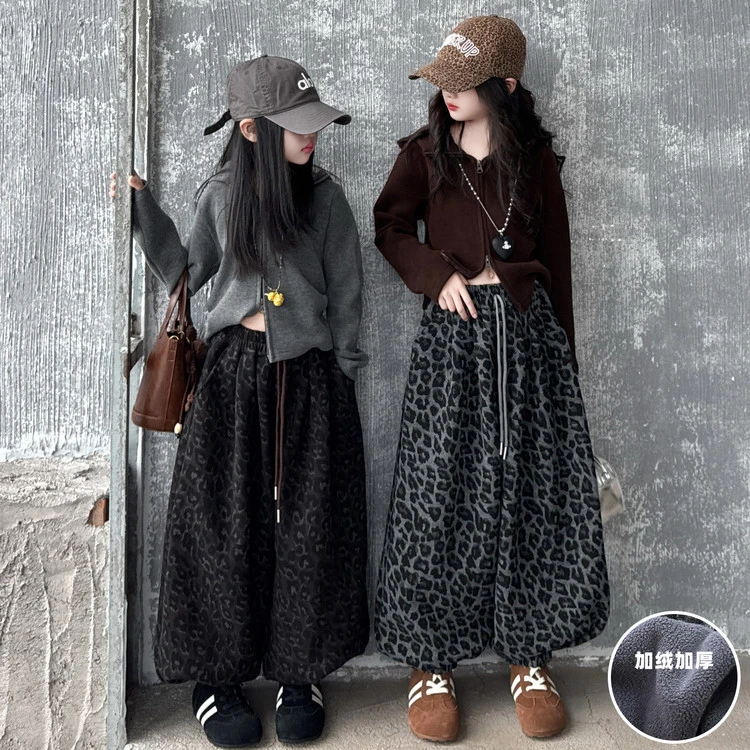 女童加绒灯笼裤秋冬2025新款女大童冬装时髦豹纹裤儿童加厚休闲裤